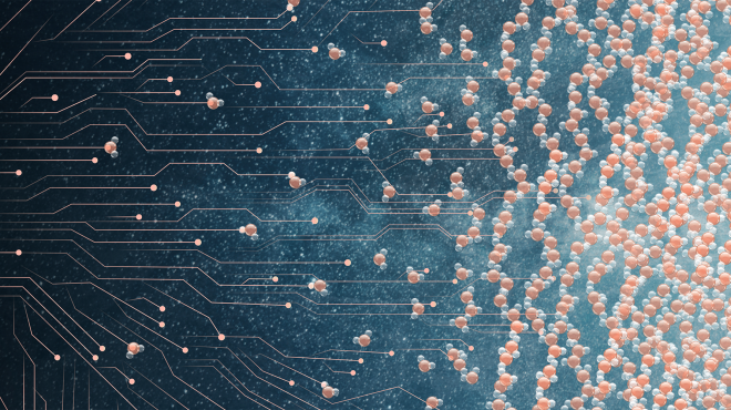 Illustration of a computer chip creationg models of water molecules and ice structures. Illustration by Camilla K. Elmar.