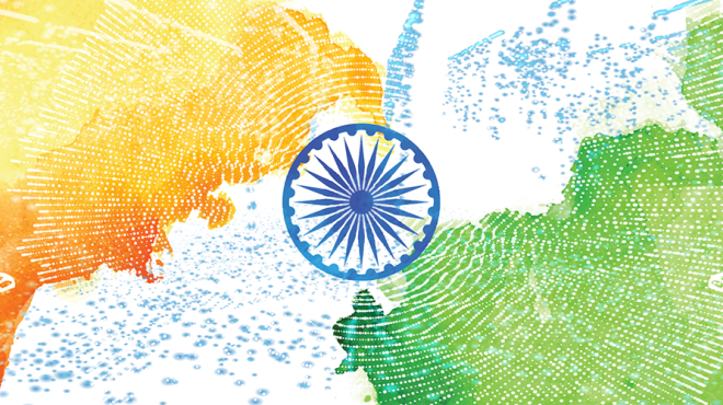 Project illustration inspired by the Indian flag. Contains a flow of datapoints where some are reaching voters and some are not.